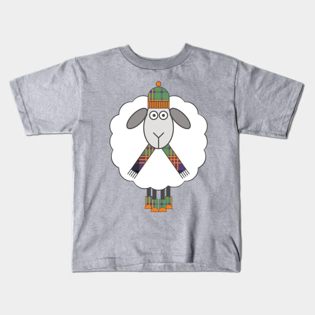 Cosy Winter Sheep with Orange, Green and Purple Tartan Hat, Scarf and Boots Kids T-Shirt by MacPean